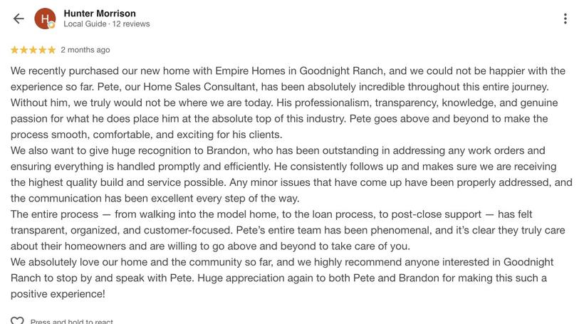 Google review from Hunter Morrison
